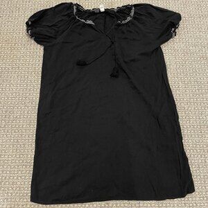 Old Navy Dress Womens Large Black Shift Tassel Tie Embroidered Knee Short Sleeve